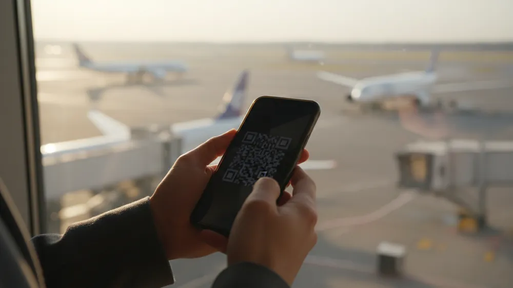 Смартфон с QR-кодом eSIM в руках у панорамного окна аэропорта